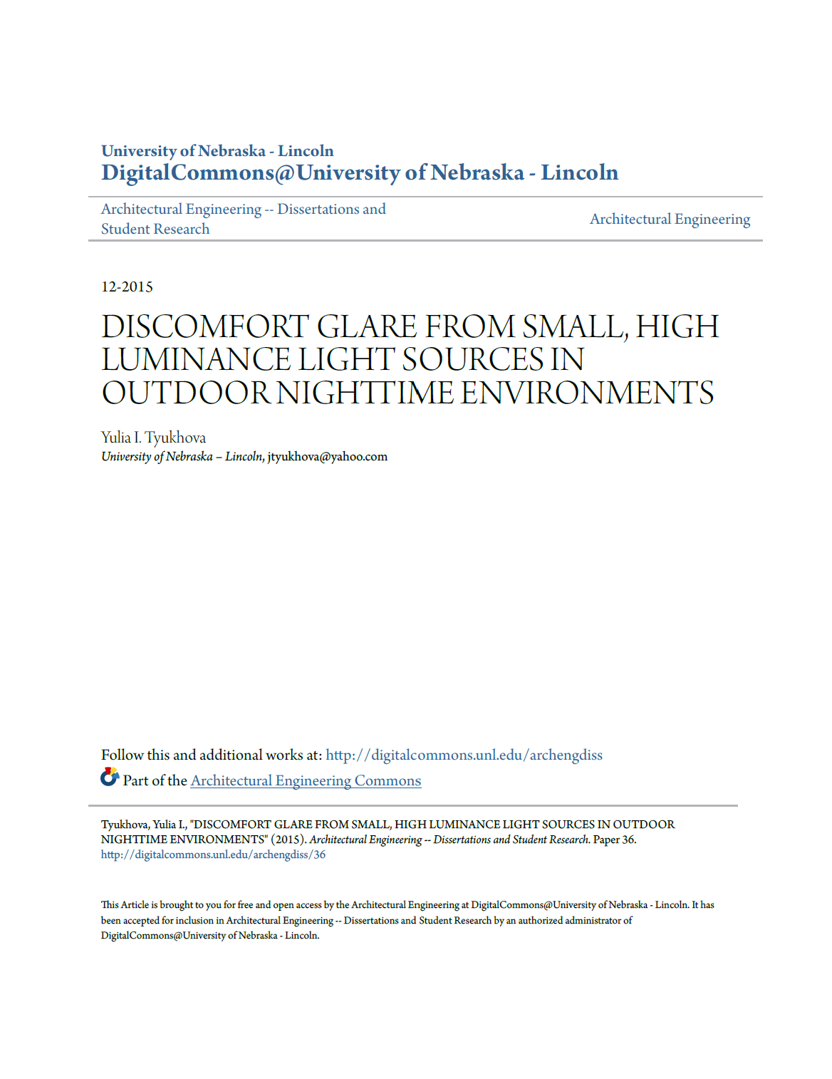 Preview of the dissertation Discomfort glare from small, high luminance light sources in outdoor nighttime environments