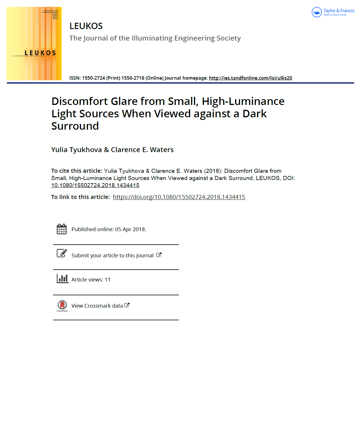 Preview of the Leukos article Discomfort Glare from Small, High-Luminance Light Sources When Viewed against a Dark Surround