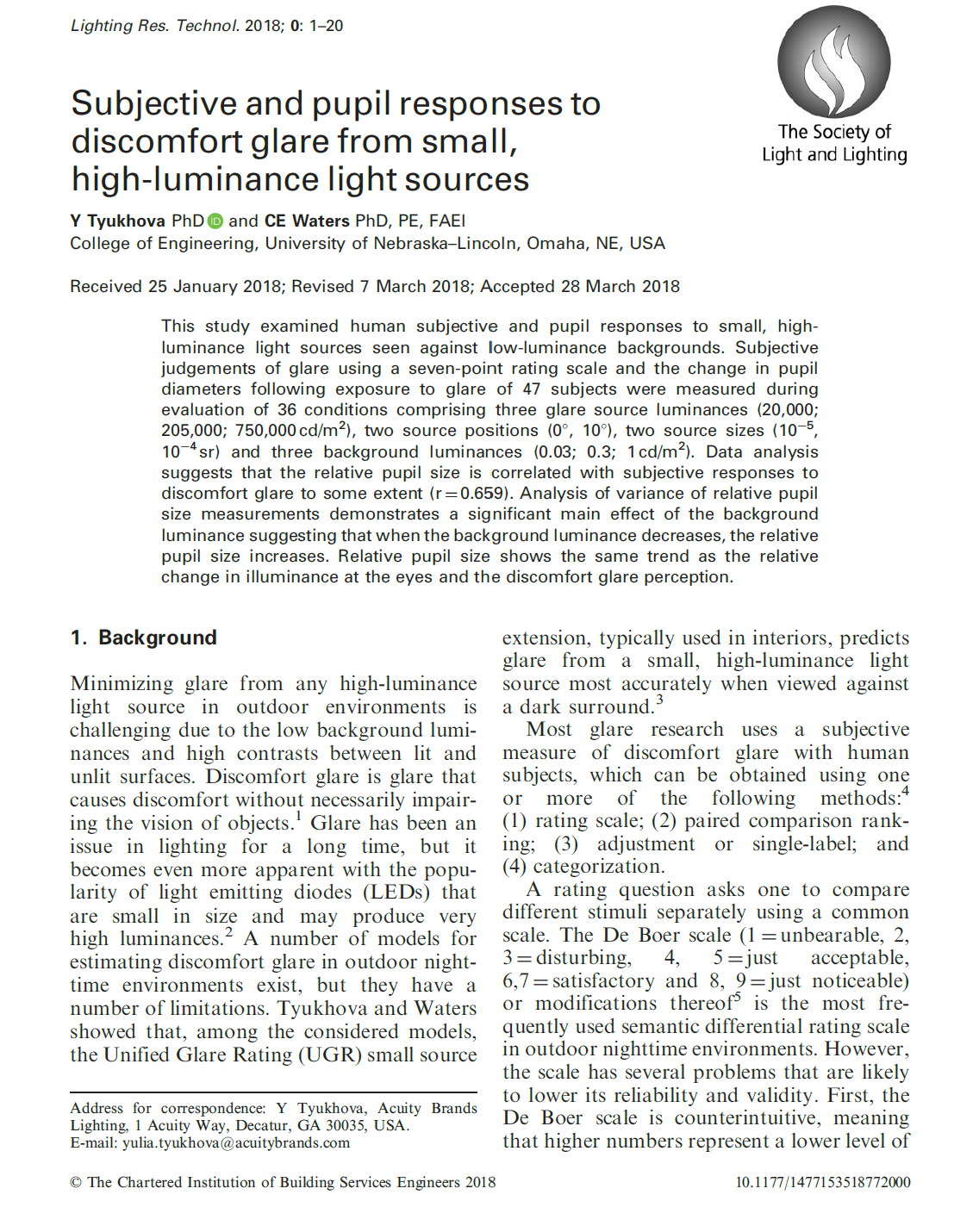 Preview of the Lighting Research and Technology article Subjective and pupil responses to discomfort glare from small, high-luminance light sources
