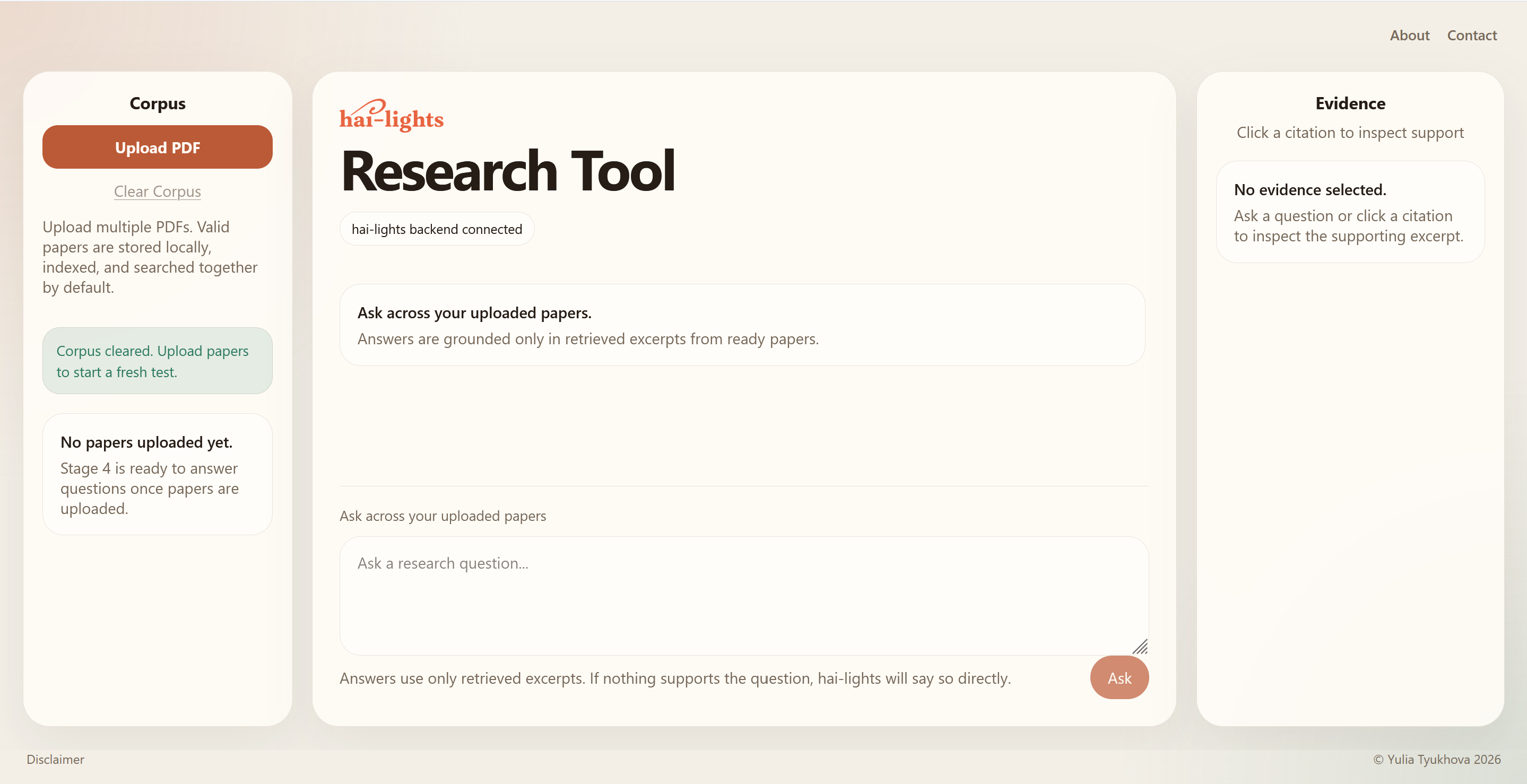 Screenshot of the early-stage Hai-lights research tool interface for asking questions about uploaded research papers.